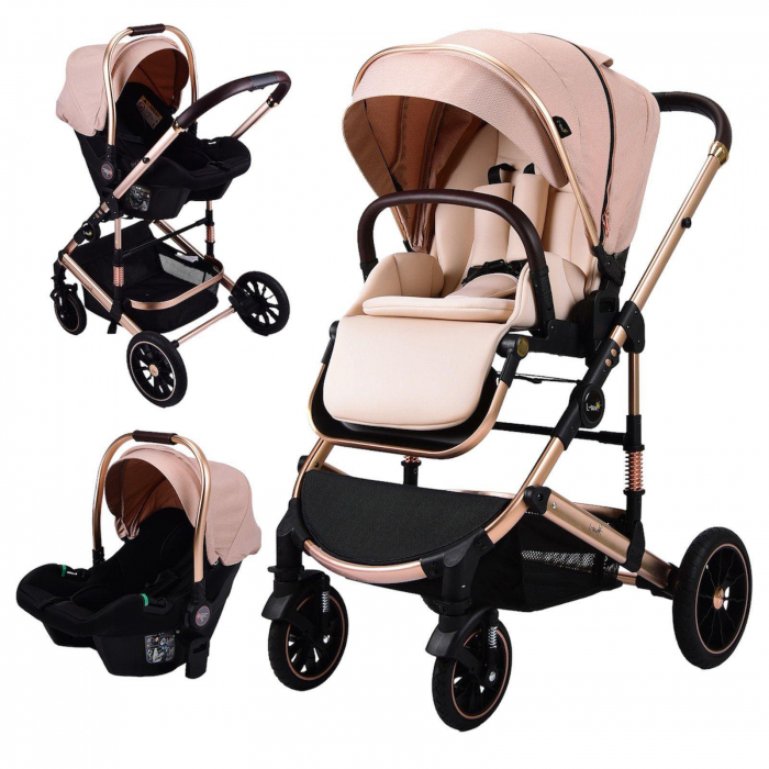 Carucior copii, 0-36 luni, Cu suspensii, Maner reversibil, Pozitie de somn si sezut, Roata cauciuc, Cu scoica auto, Bej [1]