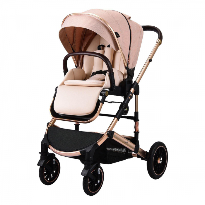 Carucior copii, 0-36 luni, Cu suspensii, Maner reversibil, Pozitie de somn si sezut, Roata cauciuc, Cu scoica auto, Bej [6]