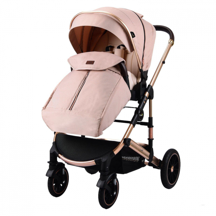 Carucior copii, 0-36 luni, Cu suspensii, Maner reversibil, Pozitie de somn si sezut, Roata cauciuc, Cu scoica auto, Bej [7]