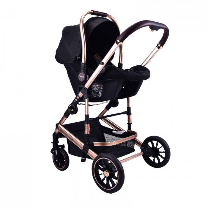 Carucior copii, 0-36 luni, Cu suspensii, Maner reversibil, Pozitie de somn si sezut, Roata cauciuc, Cu scoica auto, Negru [8]