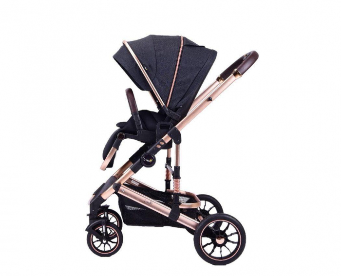 Carucior copii, 0-36 luni, Cu suspensii, Maner reversibil, Pozitie de somn si sezut, Roata cauciuc, Cu scoica auto, Negru [7]