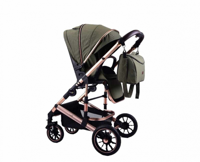 Carucior copii, 0-36 luni, Cu suspensii, Maner reversibil, Pozitie de somn si sezut, Roata cauciuc, Cu scoica auto, Verde [10]