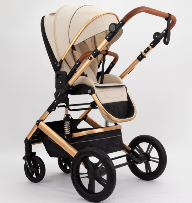 Carucior copii, 0-36 luni, Cu suspensii, Maner reversibil, Pozitie de somn si sezut, Roata cauciuc, Husa picioare detasabila, Bej [8]