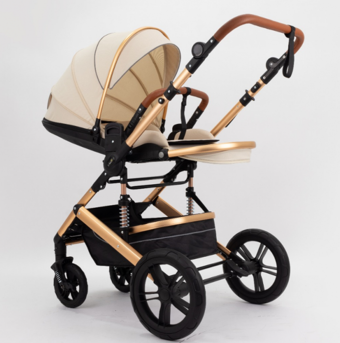 Carucior copii, 0-36 luni, Cu suspensii, Maner reversibil, Pozitie de somn si sezut, Roata cauciuc, Husa picioare detasabila, Bej [5]