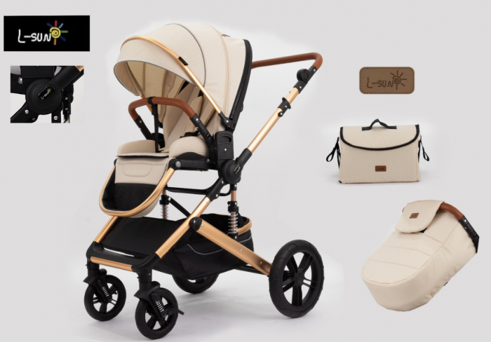Carucior copii, 0-36 luni, Cu suspensii, Maner reversibil, Pozitie de somn si sezut, Roata cauciuc, Husa picioare detasabila, Bej [1]