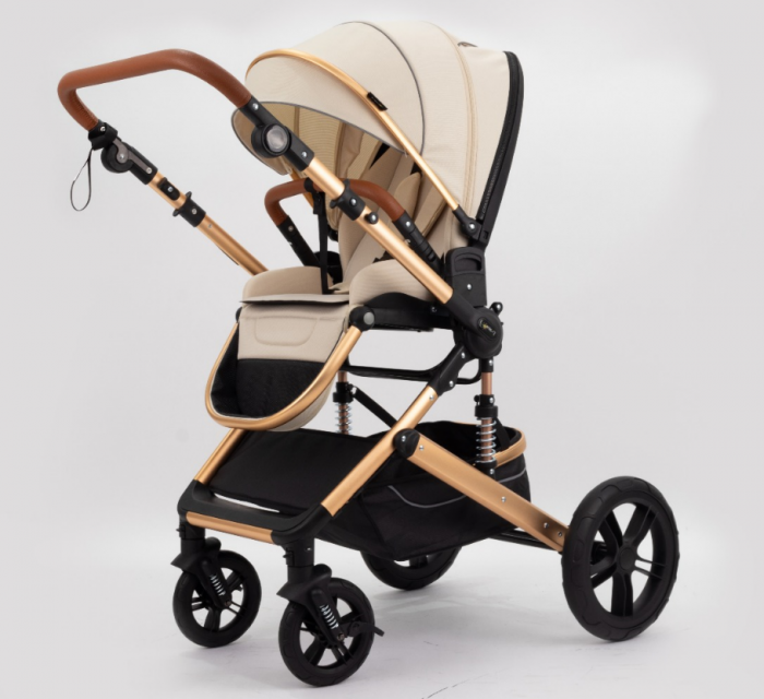 Carucior copii, 0-36 luni, Cu suspensii, Maner reversibil, Pozitie de somn si sezut, Roata cauciuc, Husa picioare detasabila, Bej [7]