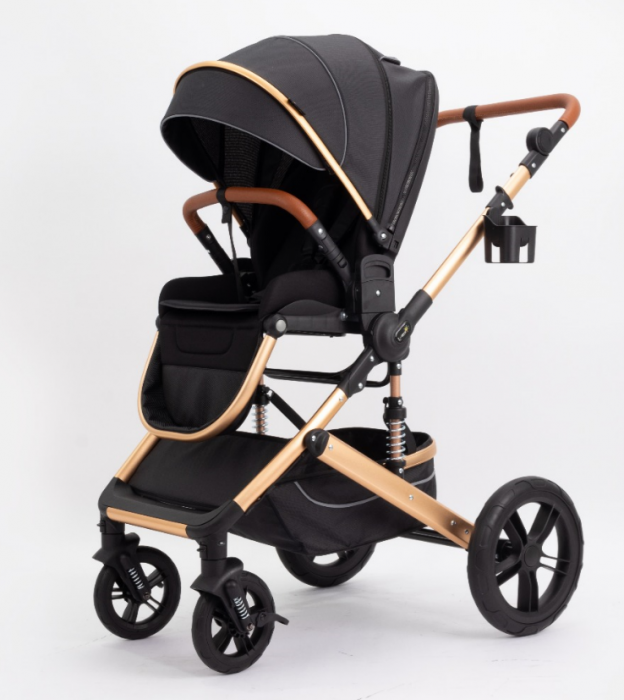 Carucior copii, 0-36 luni, Cu suspensii, Maner reversibil, Pozitie de somn si sezut, Roata cauciuc, Husa picioare detasabila, Negru [3]