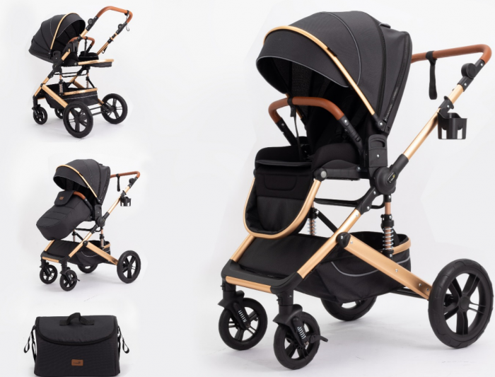 Carucior copii, 0-36 luni, Cu suspensii, Maner reversibil, Pozitie de somn si sezut, Roata cauciuc, Husa picioare detasabila, Negru [2]