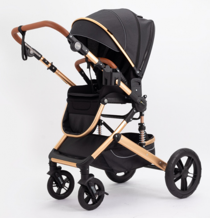Carucior copii, 0-36 luni, Cu suspensii, Maner reversibil, Pozitie de somn si sezut, Roata cauciuc, Husa picioare detasabila, Negru [6]