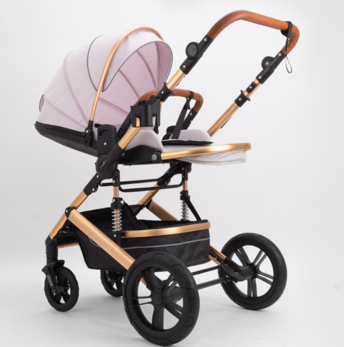 Carucior copii, 0-36 luni, Cu suspensii, Maner reversibil, Pozitie de somn si sezut, Roata cauciuc, Husa picioare detasabila, Roz [4]