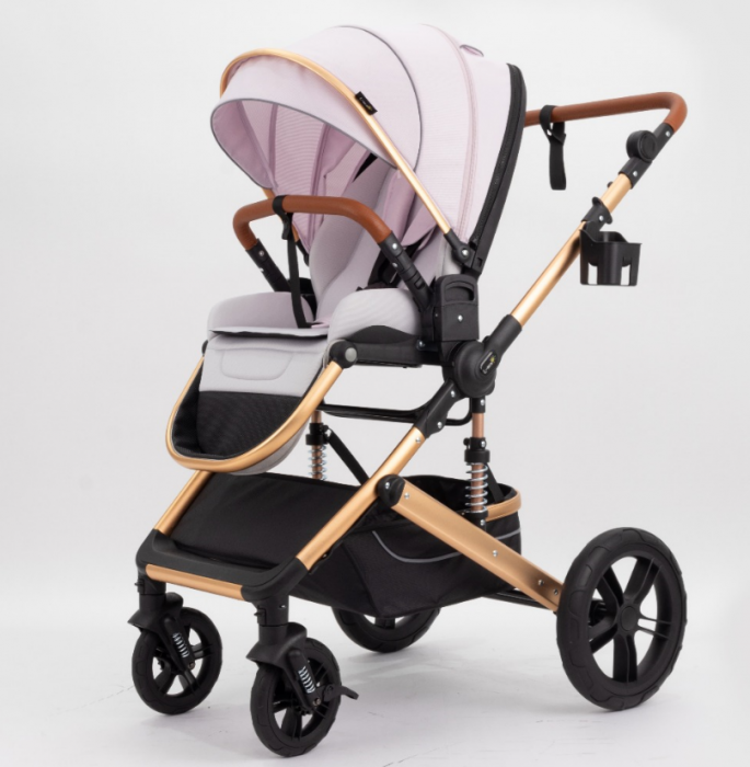 Carucior copii, 0-36 luni, Cu suspensii, Maner reversibil, Pozitie de somn si sezut, Roata cauciuc, Husa picioare detasabila, Roz [3]