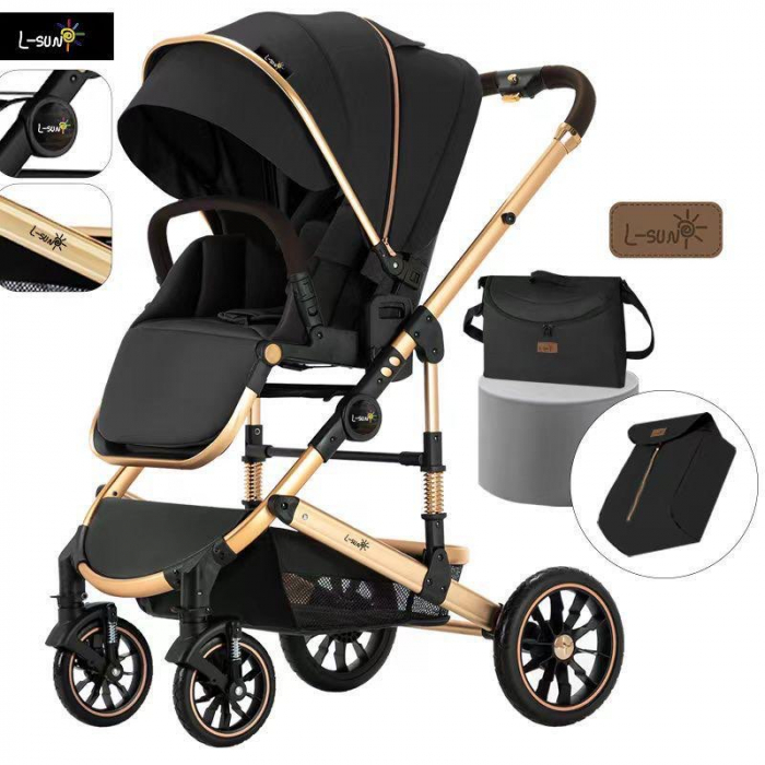 Carucior copii, 0-36 luni, Cu suspensii, Landou reversibil, Pozitie de somn si sezut, Roata cauciuc, Negru [3]