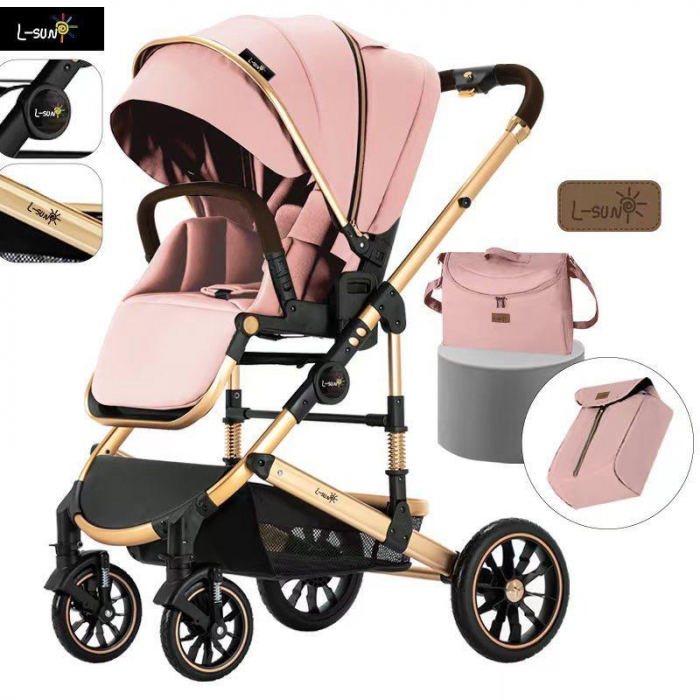 Carucior copii, 0-36 luni, Cu suspensii, Landou reversibil, Pozitie de somn si sezut, Roata cauciuc, Roz [2]