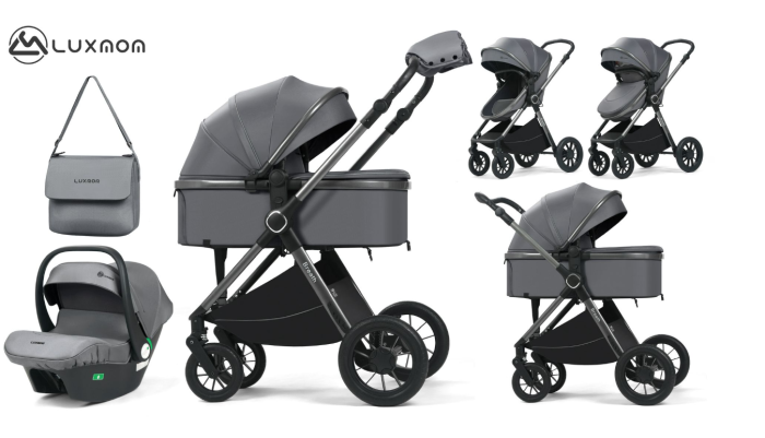 Cărucior copii, 3 în 1, Luxmom, Dublu reversibil, saltea inclusa, Geanta inclusa, Manusi de iarna, Roti antieroziune off-road, Husa de ploaie si insecte [2]