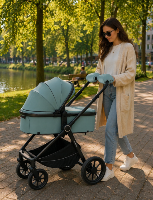 Cărucior copii, 3 în 1, Luxmom, Dublu reversibil, saltea inclusa, Geanta inclusa, Manusi de iarna, Roti antieroziune off-road, Husa de ploaie si insecte [13]