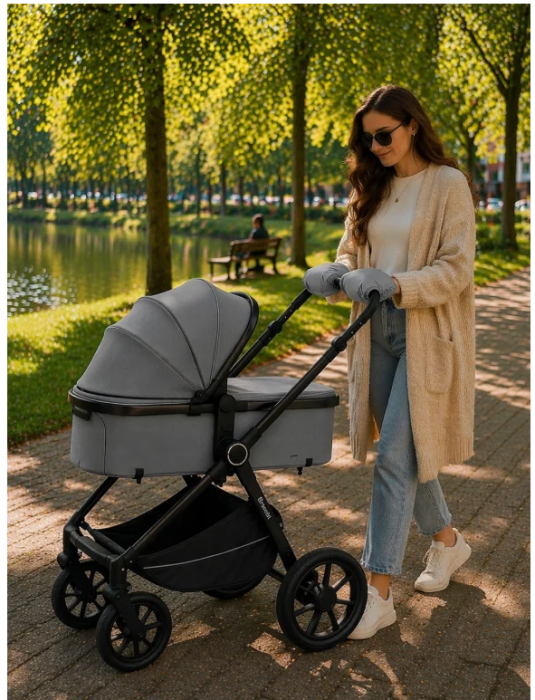 Cărucior copii, 3 în 1, Luxmom, Dublu reversibil, saltea inclusa, Geanta inclusa, Manusi de iarna, Roti off-road, Husa de ploaie si insecte, gri [6]