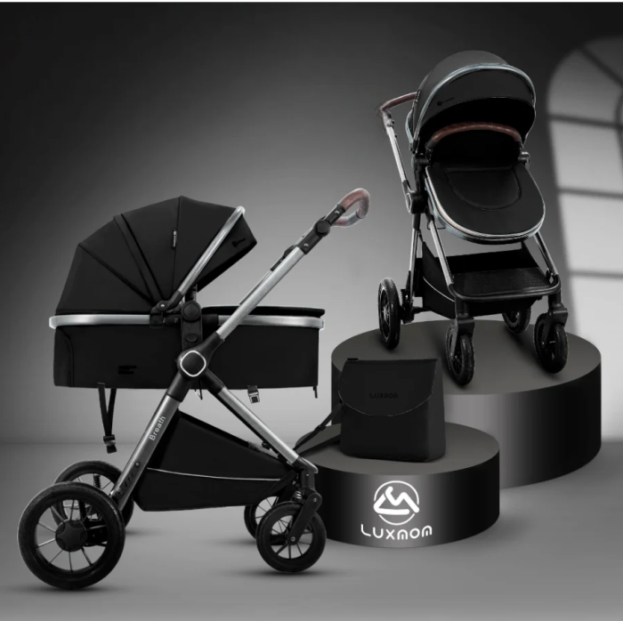 Cărucior copii, 3 în 1, Luxmom, Dublu reversibil, saltea inclusa, Geanta inclusa, Manusi de iarna, Roti off-road, Husa de ploaie si insecte, negru [2]