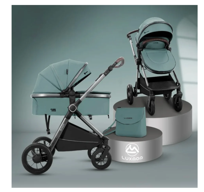 Cărucior copii, 3 în 1, Luxmom, Dublu reversibil, saltea inclusa, Geanta inclusa, Manusi de iarna, Roti off-road, Husa de ploaie si insecte, verde [4]
