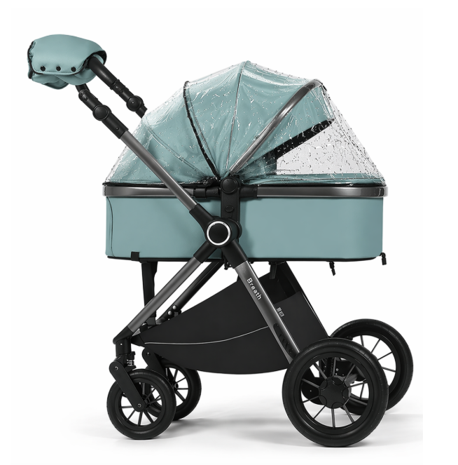 Cărucior copii, 3 în 1, Luxmom, Dublu reversibil, saltea inclusa, Geanta inclusa, Manusi de iarna, Roti off-road, Husa de ploaie si insecte, verde [2]