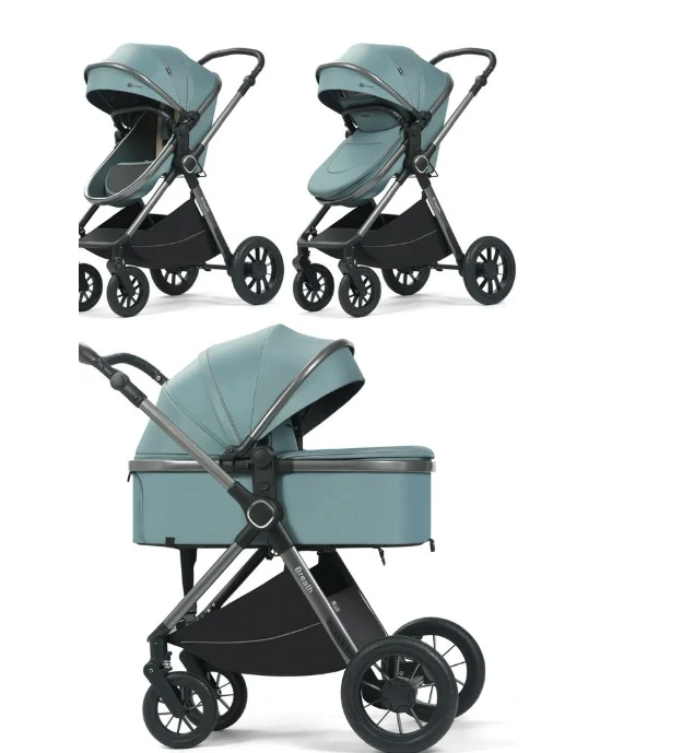 Cărucior copii, 3 în 1, Luxmom, Dublu reversibil, saltea inclusa, Geanta inclusa, Manusi de iarna, Roti off-road, Husa de ploaie si insecte, verde [3]