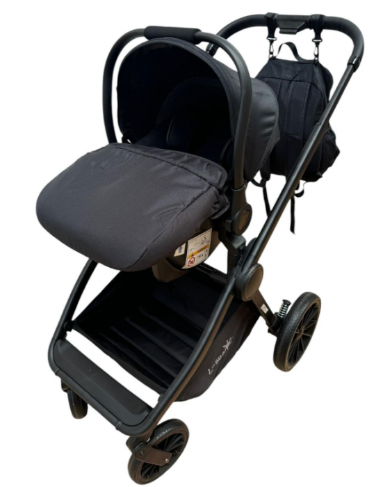 Carucior copii, 3 piese distincte, Husa de iarna, Ghiozdan detasabil, Landou reversibil, Colectie Lux, Negru [11]