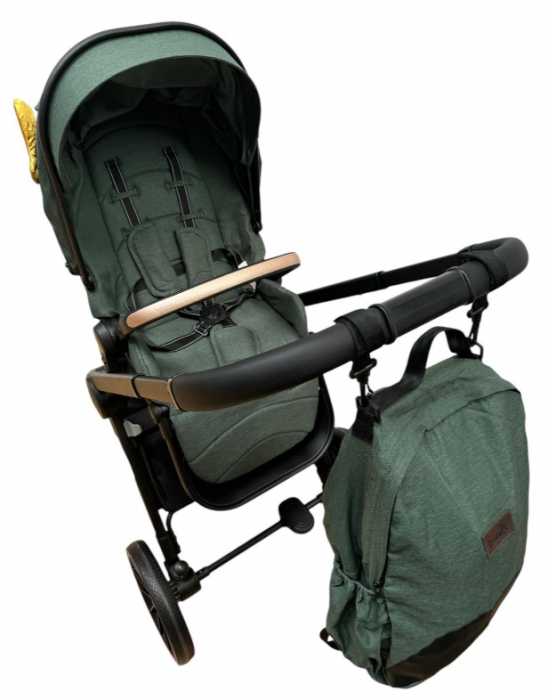 Carucior copii, 3 piese distincte, Husa de iarna, Ghiozdan detasabil, Landou reversibil, Colectie Lux, Verde [6]