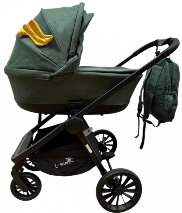 Carucior copii, 3 piese distincte, Husa de iarna, Ghiozdan detasabil, Landou reversibil, Colectie Lux, Verde [2]