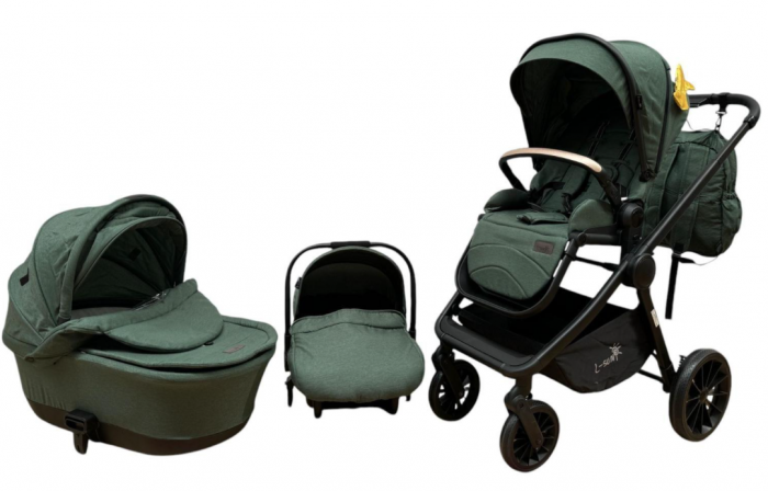 Carucior copii, 3 piese distincte, Husa de iarna, Ghiozdan detasabil, Landou reversibil, Colectie Lux, Verde [5]