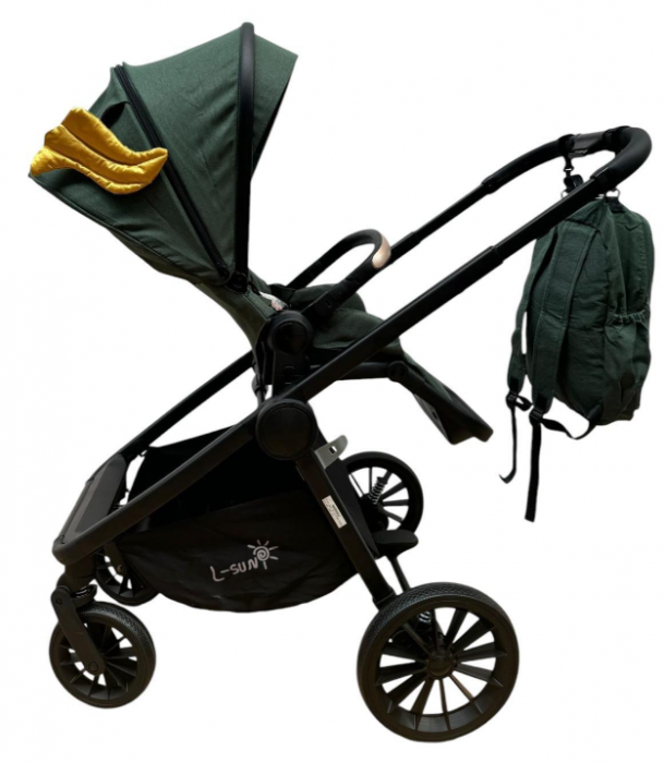 Carucior copii, 3 piese distincte, Husa de iarna, Ghiozdan detasabil, Landou reversibil, Colectie Lux, Verde [8]