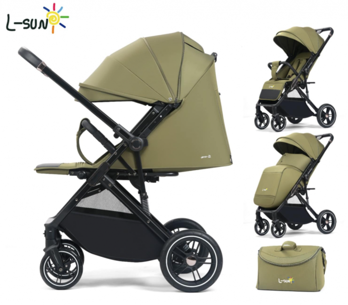 Carucior Copii , sport cu pozitie de somn, pliere troler, Spatar reglabil, Tehnologia One-Hand Folding, copertina extensibila, maner reversibil, husa de picioare si geanta, Verde kaki [1]