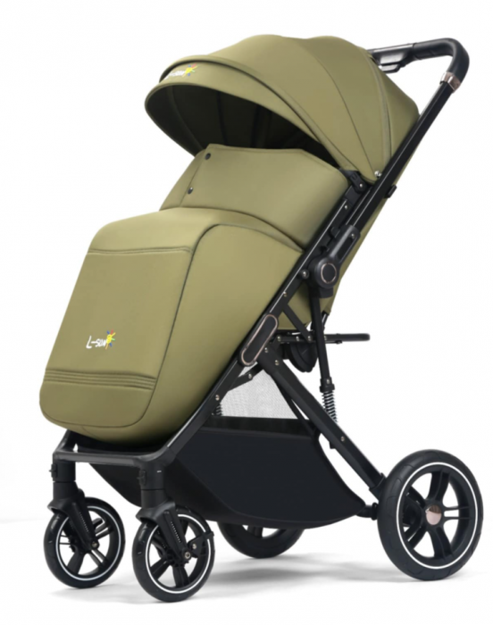 Carucior Copii , sport cu pozitie de somn, pliere troler, Spatar reglabil, Tehnologia One-Hand Folding, copertina extensibila, maner reversibil, husa de picioare si geanta, Verde kaki [2]