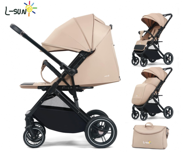 Carucior Copii , sport cu pozitie de somn, pliere troler, Spatar reglabil, Tehnologia One-Hand Folding, copertina extensibila, maner reversibil, husa de picioare si geanta, Bej [1]