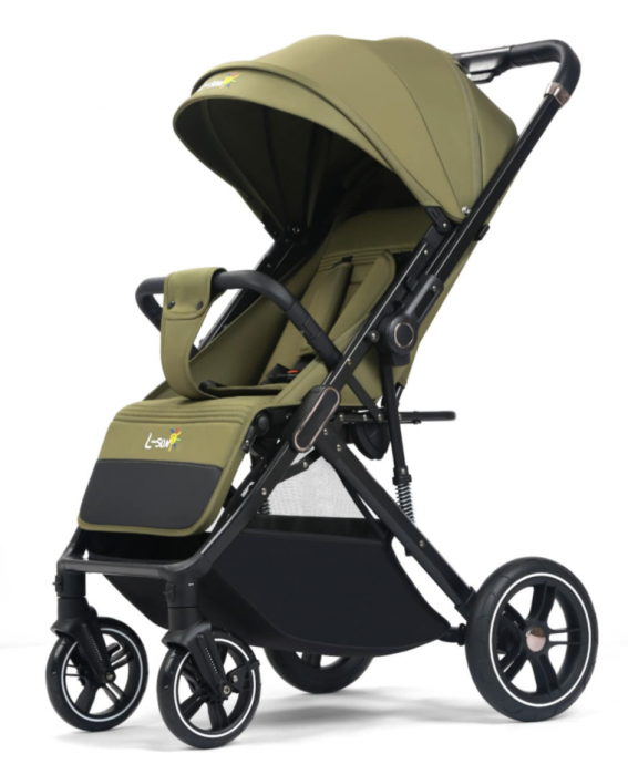 Carucior Copii , sport cu pozitie de somn, pliere troler, Spatar reglabil, Tehnologia One-Hand Folding, copertina extensibila, maner reversibil, husa de picioare si geanta, Verde kaki [4]