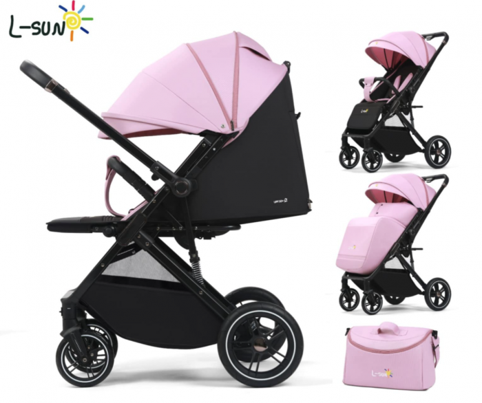 Carucior Copii , sport cu pozitie de somn, pliere troler, Spatar reglabil, Tehnologia One-Hand Folding, copertina extensibila, maner reversibil, husa de picioare si geanta, roz [1]