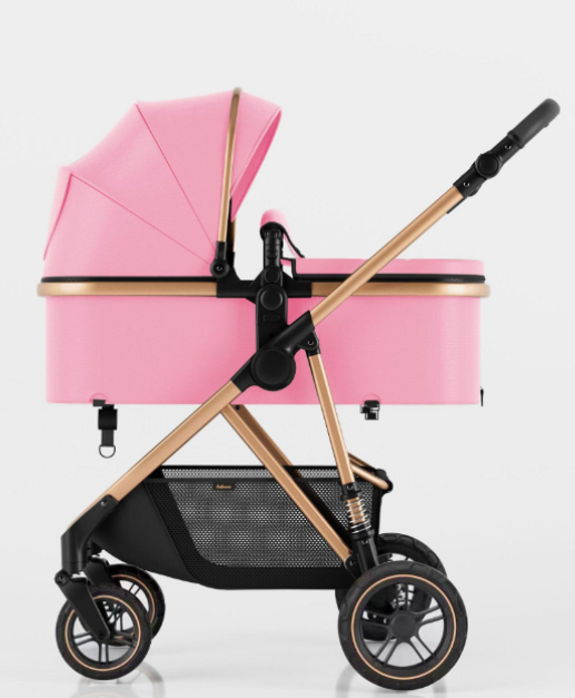 Carucior de copii 2 in 1, Cu geanta accesorii, Cu suspensii, 105 x 95 x 60 cm, Pliabil ergonomic, Belecoo, roz [2]