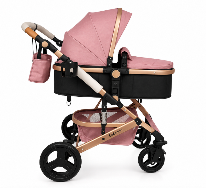 Carucior de copii 2 in 1, Cu geanta accesorii, Cu suspensii, 105 x 95 x 60 cm, Pliabil ergonomic, Belecoo, roz [2]