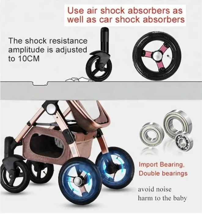 Carucior multifunctional 3 in 1, Dubla suspensie, Modul scoica inclus, Maner reversibil si telescopic, Parasolar cu piele, Geanta de scutece, Saltea groasa de infasat [4]