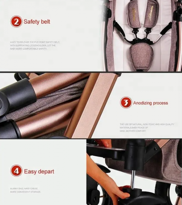 Carucior multifunctional 3 in 1, Dubla suspensie, Modul scoica inclus, Maner reversibil si telescopic, Parasolar cu piele, Geanta de scutece, Saltea groasa de infasat [2]