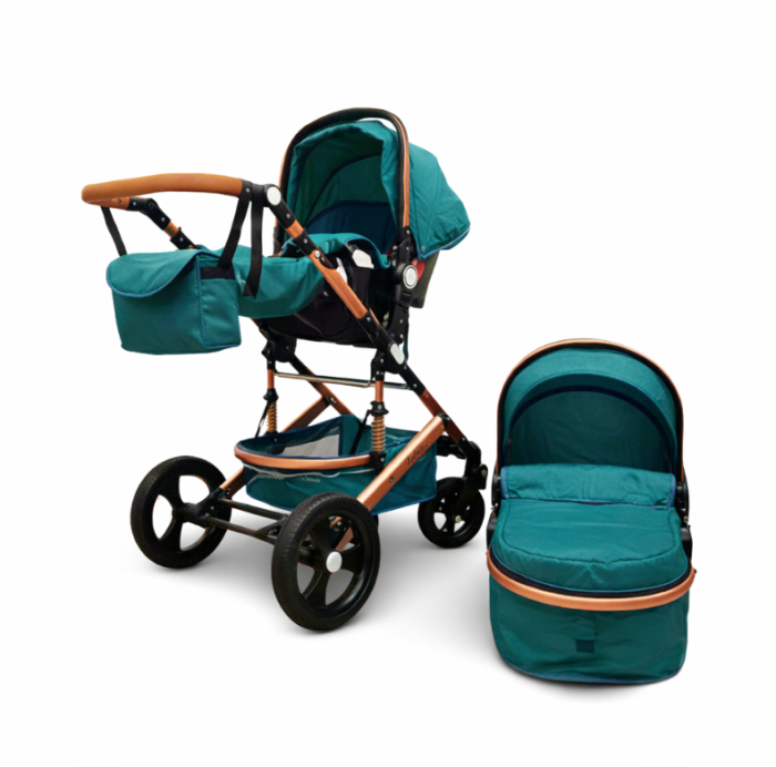 Carucior multifunctional 3 in 1, Modul scoica inclus, Maner reversibil si telescopic, albastru turcoaz [4]