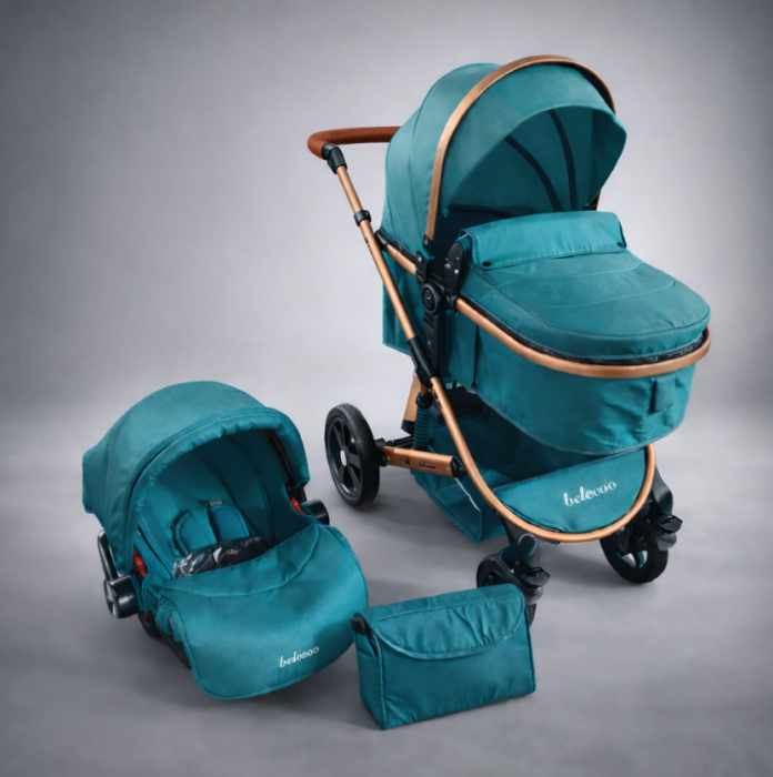 Carucior multifunctional 3 in 1, Modul scoica inclus, Maner reversibil si telescopic, albastru turcoaz [2]