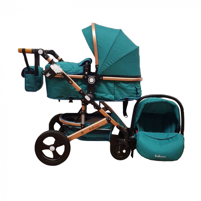 Carucior multifunctional 3 in 1, Modul scoica inclus, Maner reversibil si telescopic, albastru turcoaz [4]