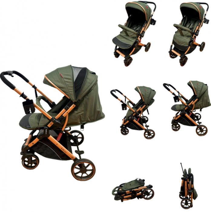 Carucior Sport Pentru Copii, Maner reversibil, Suport biberon, Plasa de tantari, Copertina extensibila, Cu suspensii, Recomandat transport par avion, Kaki [1]