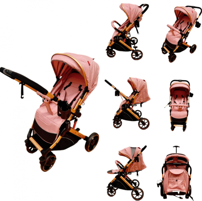 Carucior Sport Pentru Copii, Maner reversibil, Suport biberon, Plasa de tantari, Copertina extensibila, Cu suspensii, Recomandat transport par avion, Roz - Copie [1]