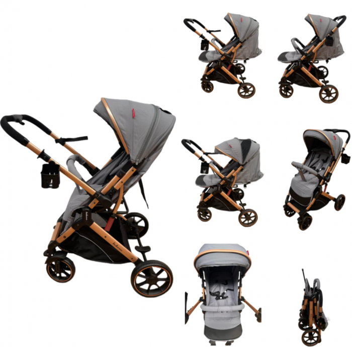 Carucior Sport Pentru Copii, Maner reversibil, Suport biberon, Plasa de tantari, Copertina extensibila, Cu suspensii, Recomandat transport par avion, Gri [1]