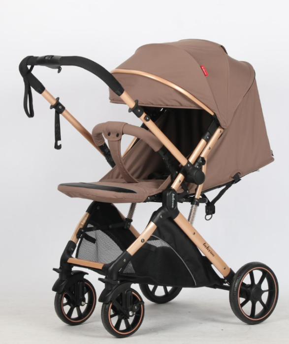 Carucior Sport Pentru Copii, Maner reversibil, Suport biberon, Plasa de tantari, Copertina extensibila, Cu suspensii, Recomandat transport par avion, Bej ciocolata [3]