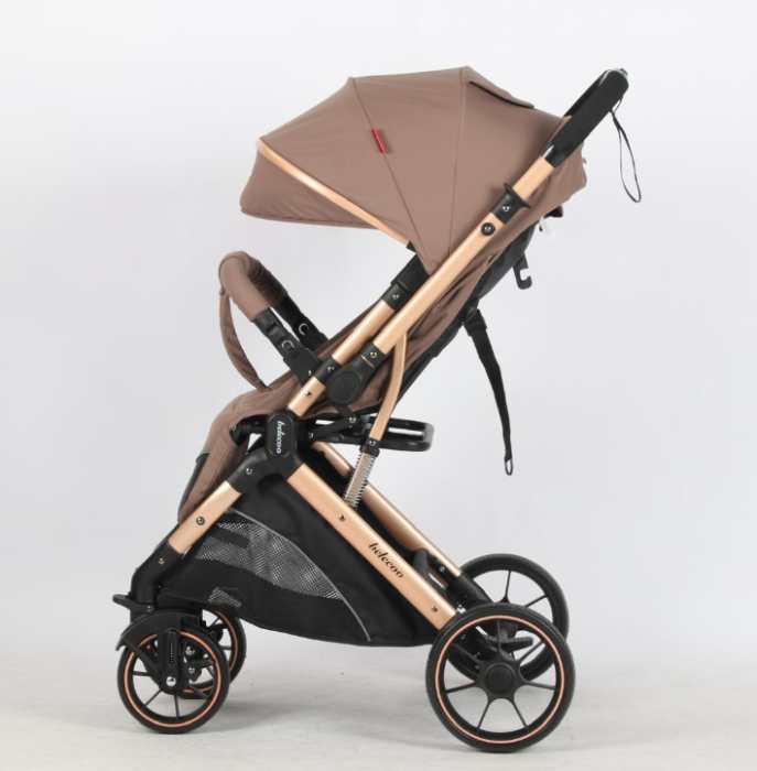 Carucior Sport Pentru Copii, Maner reversibil, Suport biberon, Plasa de tantari, Copertina extensibila, Cu suspensii, Recomandat transport par avion, Bej ciocolata [9]