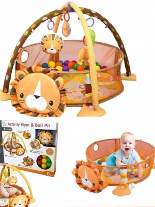 Centru de activitati 3 in 1 si saltea de joaca "Happy Hippo" pentru copii si bebelusi cu 4 jucarii si 30 de bile multicolore, leut [2]