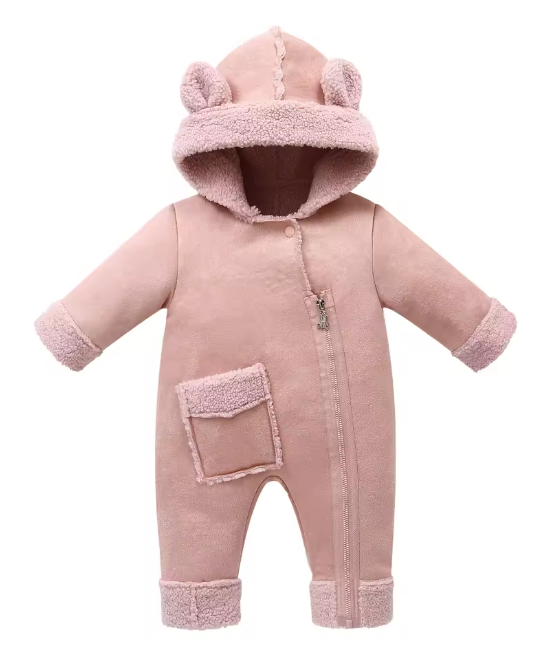 Combinezon bebelusi, Din blanita, Cu gluga si buzunar, Roz prafuit [1]