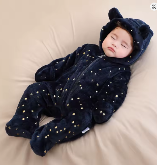 Combinezon bebelusi, Flausat, Cu urechi, Albastru [3]