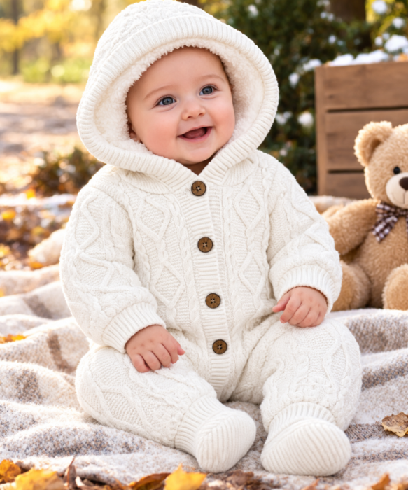 Combinezon tricotat, pentru bebe, Imblanit integral, Alb [2]